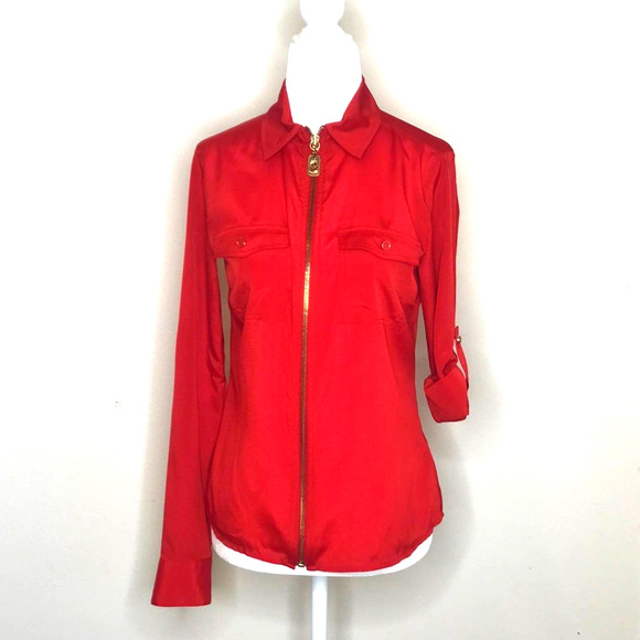MICHAEL Michael Kors Tomato Red Zipper Accent Long Tab Sleeve Blouse, size XS - Picture 3 of 5